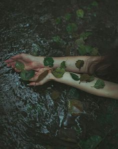 a woman's arm with leaves on it in the water