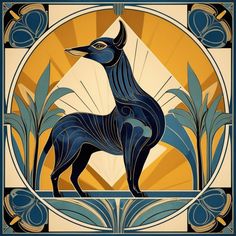 an art deco tile design with a dog in the center and sun rays behind it