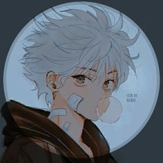 an anime character with white hair blowing bubbles in front of a full moon behind him