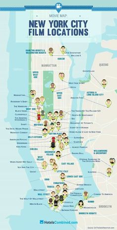 the new york city film locations map is shown in blue and has many people on it