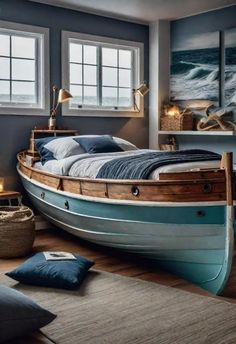 a bedroom with a boat bed in it