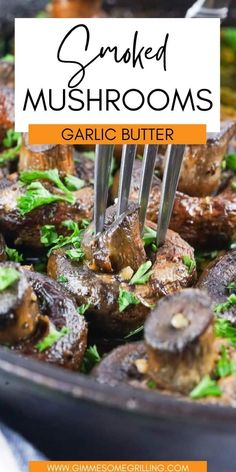 cooked mushrooms with garlic and parsley in a cast iron skillet with a fork