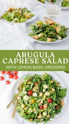 a salad with lemon basil dressing is served on a white table cloth and surrounded by other dishes