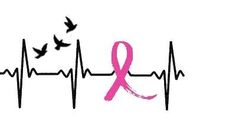 a pink ribbon is on top of a cardiogramic line with birds flying around it