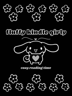 a black background with white flowers and the words fluffy little pigy on it's face