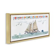 a wooden framed wall hanging with a sailboat and seagulls on the water