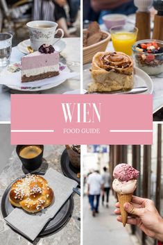 a collage of photos with different desserts and pastries on them, including an ice cream cone