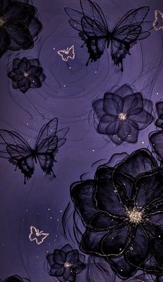 butterflies and flowers are floating in the water with bubbles on it's surface at night