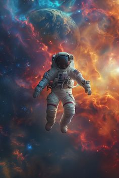 an astronaut floating in outer space next to the earth and some red, blue, yellow and orange clouds