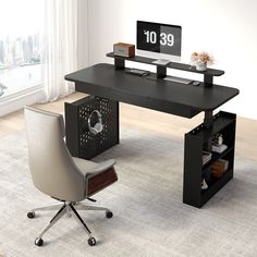 a computer desk with a clock on it