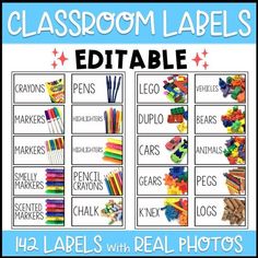 classroom labels with colorful pencils on them and the words editable in white letters