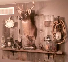 a deer head mounted to the side of a wooden wall with other items on it