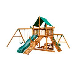 a wooden swing set with a green roof and blue slide on the bottom level, against a white background