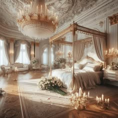 a fancy bedroom with chandelier and bed in the middle, surrounded by candles