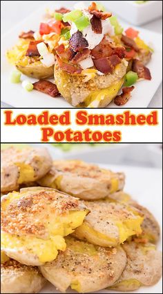 there are two pictures of loaded smashed potatoes