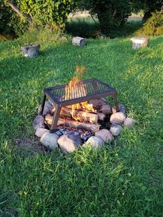 a fire pit sitting in the middle of a lush green field with rocks and logs