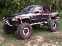 a black truck parked on top of a lush green field