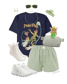 Disney World Outfit, Peter Pan themed, Tinkerbell outfit Inspo, Peter Pan T-Shirt, Boxer Shorts Women, Tinkerbell, Disneyworld, Hollywood Studios, Magic Kingdom, Peter Pan's Flight, Lululemon belt bag, cute disney clothes, Disney Parks