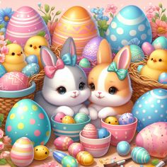 a painting of two bunny rabbits surrounded by easter eggs