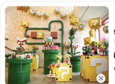 a room filled with lots of green and yellow decorations