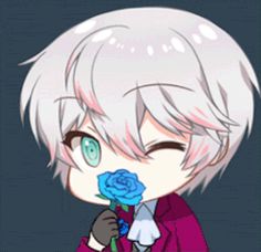 an anime character with white hair and blue eyes holding a flower in front of his face