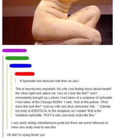 an image of a statue with the caption'if aphrrottic had stomachs then so can i '