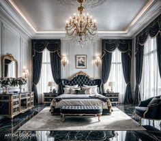 a luxurious bedroom with chandelier, black and white decor and marble flooring