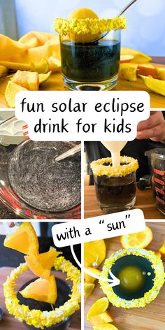 four pictures showing how to make solar eclipse drink for kids with lemons and sun