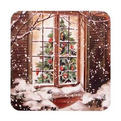 a painting of a christmas tree outside an open window