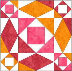 an orange, pink and white quilt with squares in the center on top of it