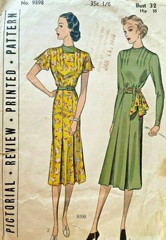 Pictorial Review 9398 | ca. 1938 Women's and Misses' Frock Retro A-line Dress With Vintage Print, Green Vintage Midi Dress For Daywear, Vintage Fashion Knee-length Dresses With Fitted Bodice, Knee-length Retro Dresses For Vintage Fashion, Retro Knee-length Dresses For Vintage Fashion, Vintage Knee-length Retro Dresses, Yellow Vintage A-line Midi Dress, Green Vintage A-line Midi Dress, Vintage Fashion Dress With Fitted Bodice And Short Sleeves