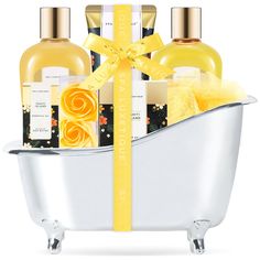 PRICES MAY VARY. Nourishing Bath Set: Our bath spa gift basket is formulated with natural ingredients that help to nourish the skin and lock in moisture, relaxing the body Bubble Bath for Women: Extracted from heavenly tropical flowers, this warm and sweet fragrance invites in the tropical aromatic ambiance of a Tahitian Island breeze Home Spa Set: Our beautiful bath set includes shower gel, bubble bath, body lotion, bath salt, essential oil, bath puff, silver bathtub, 3 soap petals Versatile Ba Silver Bathtub, Soap Petals, Spa Gift Baskets, Spa Basket, Womens Gifts, Island Breeze, Gift Baskets For Women, Sweet Fragrance, Spa Gift Basket