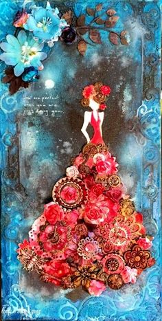 a card with a woman in a dress made out of buttons and flowers on it