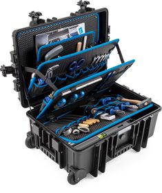 an open black case filled with tools