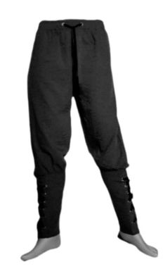 "Black fabric: cotton/Poly Blend notions: 36 Eyelets and ties High stretch elastic waist fits 30\"- 38\" Hips-44\" Thighs-26\" Choose Length from drop down menu" Black Fantasy Pants, Gothic Cotton Pants For Cosplay, Gothic Stretch Cotton Bottoms, Pirate Costume Pants, Medieval Trousers Women, Black Medieval Corset Belt For Larp, Pirate-themed Black Costume Accessories, Pirate Pants, Medieval Pants