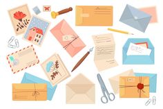 an assortment of envelopes, stamps and scissors are arranged in a circle on a white background