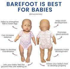 two baby dolls are shown with the words, barefoot is best for babies and how to use