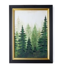 a painting with trees in the background and green foliage on the bottom right hand side