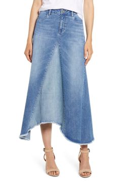 Free shipping and returns on WASH LAB Pieced Denim Midi Skirt at Nordstrom.com. A skirt to set your your inner flower child twirling is spliced from two-tone denim that's finished with a fluttery, frayed hem. Couture, Long Denim Skirt Outfits, Double Denim Looks, High Collar Blouse, Big Skirts, Fashion Trend Forecast, Denim Skirt Outfits, Long Denim Skirt, Skirt Trends