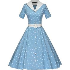 Women's Vintage Midi Shirt Dress W Belt Light Blue Dot 95% Polyester With 5% Spandex,Comfortable For Skin. The Retro Button Up Front Is Topped By A Classic Collar And Short Sleeves, Complete With Faux Rolled Cuffs. The Waist With Wide Belt Centers Your Silhouette As The Charming Swing Skirt Drops To A Straight Hem At The Knees! Great Choice For Evening Dress, Prom Dress, Homecoming Dress, Bridesmaid Dress, Wedding Dress And Vacation Dress. Pin Up Girl Costume, Polka Dot Dresses, 1950 Women, Vintage Polka Dot Dress, Fitted Sheath Dress, Dress History, Shirtwaist Dress, House Dress, Midi Shirt Dress