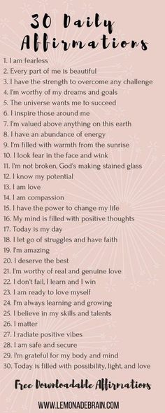 the 30 daily affirmation list for women with pink background and black lettering on it