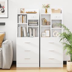 a living room with white bookcases and a plant on the floor next to it