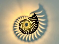 a wall mounted light with a spiral design on it's side and shadow cast on the wall