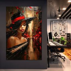 a painting of a woman wearing a black hat and playing the piano in a room