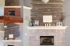 two pictures of a fireplace with wood paneling on the wall and mantel above it