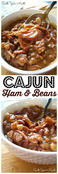 two bowls filled with beans and meat on top of a wooden table next to a spoon