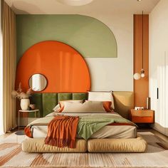 a bedroom with an orange circle on the wall and green bedspread in it