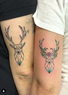 two people with tattoos on their legs, one has a deer and the other has flowers