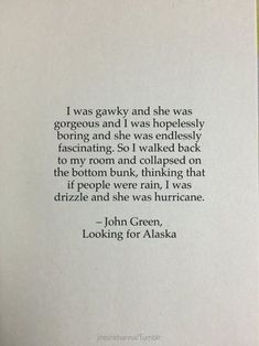 an open book with the words john green looking for alaska written in black on it