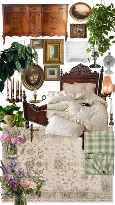 a collage of furniture, flowers and pictures